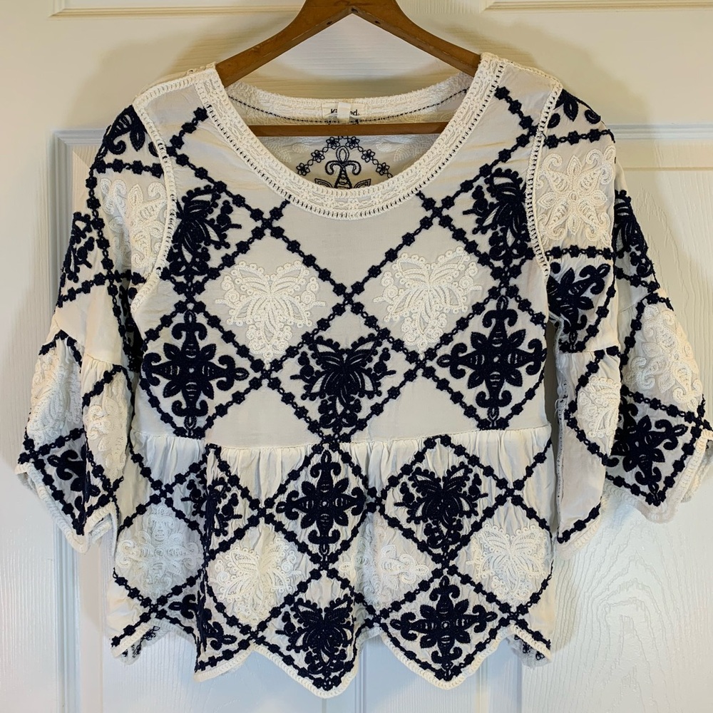 Kindred Women's Embroidered Round Neck Top, Size S, White/Blue, Cottagecore Boho